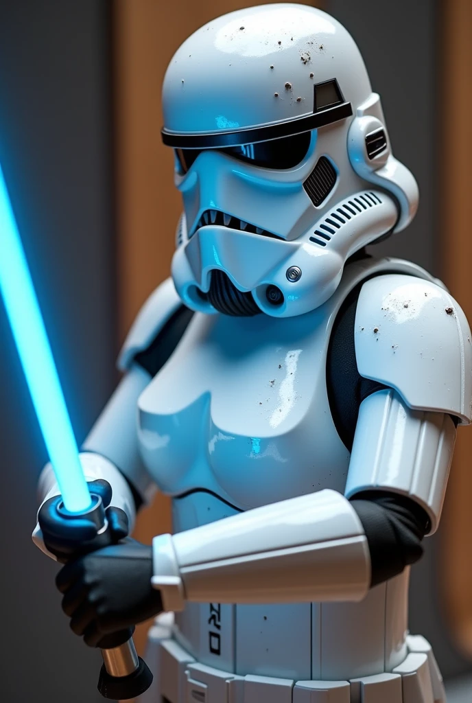 perfect hands, perfect finger,perfect anatomy, masterpiece, best quality,realistic, hyperrealistic, 16k hdr,1 mature female,,female white Stormtrooper in Star wars,damaged white full face helmet,damaged white armor,(large breasts:1.2),(holding blue Light saber:1.2),fighting pose