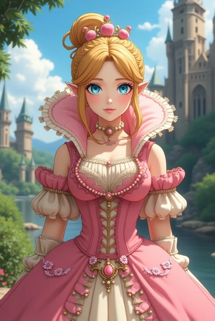 (quality, 4k, 8k, high resolution, masterpiece: 1.2), ultra-detailed, blurry, depth of field, blurred foreground, blurred background, pink, pink rose, dress, jewelry, earrings, elf ears, elf blonde hair, stained glass, princess dress, blue eyes, elbow gloves, pink dress, breasts, looking at viewer, hair over one eye, long hair, pink flower, elf ears, throne room, gloves, motion blur, solo focus , peach princess, crown, strapless, blush, white dress, photo \(medium\), 1 elf girl, gem