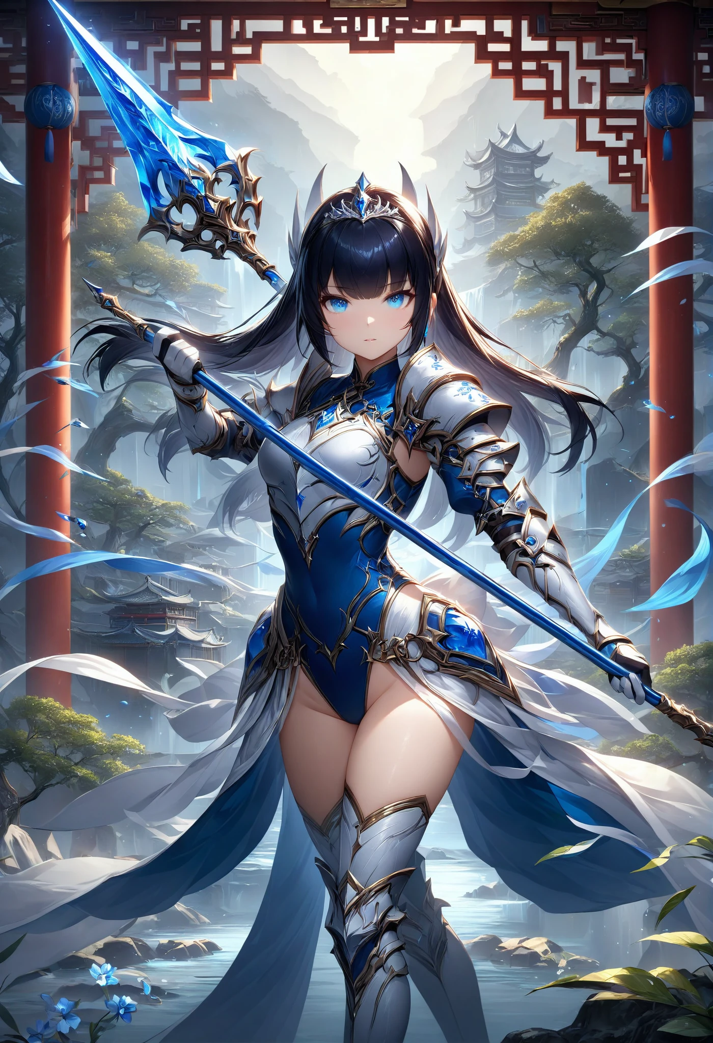 Best Quality、 unity 8k Wallpaper 、32K、masterpiece、 very detailed、Ultra-high resolution、 very detailedな顔, RAW Photos, professional, Fine painting,　length,  straight, Blue-black hair、Platinum tiara with blue gemstones、blue eyes、(Tree Eyes), Cool and sharp features, hime cut, 20～Female magical warrior, About 24 years old.、White breastplate、Blue and 白 leotard、（Front drape with side armor and long slits、blue and white decorated china dress）、Semi-puff sleeves with shoulder pads、A large 白 ribbon with a large sapphire on the chest、White and blue long gloves、White and blue thigh-high stiletto boots、She has a spear with a blue blade glowing 、whole body