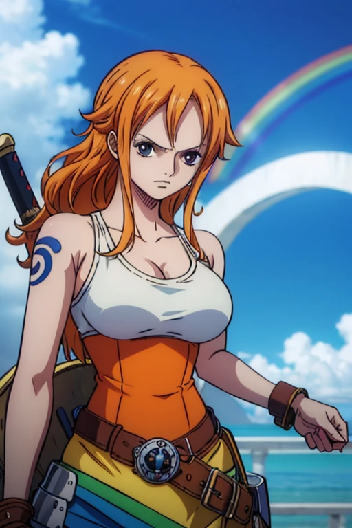  (Best Quality, 4K, 8k,  High Resolution , masterpiece:1.2), Super detailed, (Realistic, photoRealistic, photo-Realistic:1.37),  Preserving Anime Style ,Nami from One Piece,Brave look,Pale orange hair ,Left shoulder tattoo,Large Breasts, Female warrior,Knight,Full Light Armor ,It shows her wielding a sword and taking a fighting stance as a female medieval knight,A world where rainbow-colored light sources shine ,