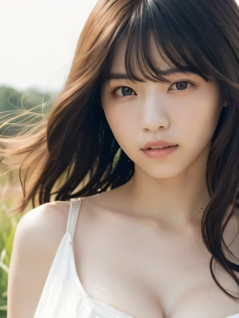 masterpiece、Highest quality, Ultra-high resolution、8k,photograph、1 girl, (Skin dents), Large Breasts:1.8), bright, Blurred Background, (Asymmetrical bangs, Please comb your hair、very long wavy hair:1.5), (Floating Hair:1.0)、(Loose fitting blouse)、(Loose chest)、(Sunburn marks on chest)、(Cleavage)、(soft, drooping udder)、Heterochromia iridis、sad、grassland、Spring Sky、Soft sunlight