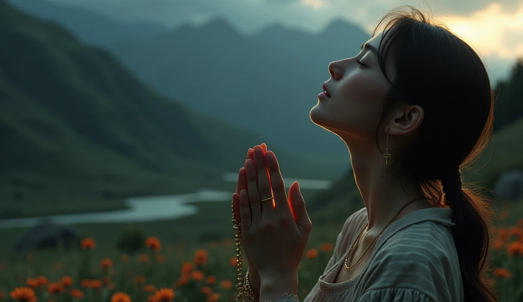 A 17-year-old girl praying and crying with a gold rosary, elegantly wrapping around her hands in a prayer position, hands raised in worship, tears glistening on her cheeks, set against a dreamy vast dark with mountain, river and flower, ethereal lighting, highly detailed, emotional, cinematic, 4k resolution, masterpiece