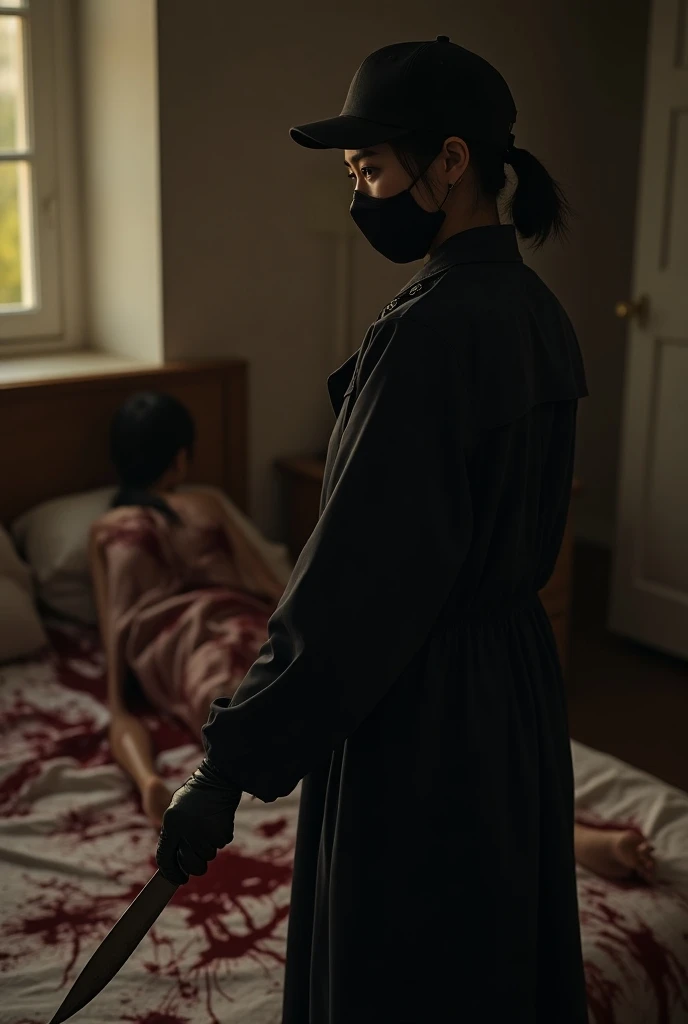 korean girl, (behind stiff, holding knife), stabbing black surgical mask, black gloves, white room, black raincoat, trucker hat, holding knife, black gloves, woman on top, behind cadaver, blood splatter, on the bed, looking at viewer, mass murderer, killer, low ponytail, blood splatter, atmospheric realistic, light from the window,
