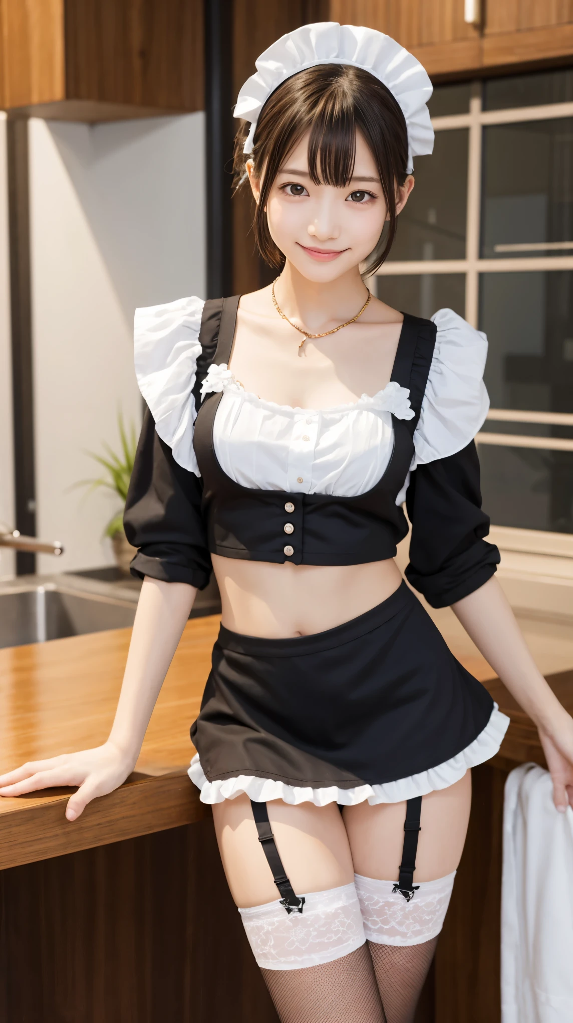 ((Whole body 1.4))((masterpiece)), ((best quality)), (ultra-detailed), ((kawaii)), cute, (lovely), realistic, real, full body, In town, daytime, a cute girl, 1girl, solo, beautiful black hair, beautiful black eyes, ((beautiful eyes)), short hair, ribon, smile,Cute Maid Costume,Ultra Mini Skirt、Bare legs,,Small breasts,Dynamic pose,