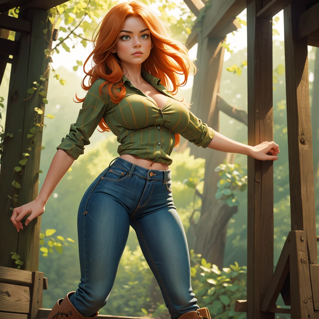 1 girl, Best Quality, masterpiece, cowboy shot, Orange hair, green eyes, tight clothes, barn, Wet, Green checkered shirt, Labor, sexy, Tight jeans, riding boots, half , cow print clothing:1.5, seductive, provocing, masterpiece, (dynamic angle:1.2), (dynamic posture:1.2), Plan general, light, (Best Quality), (Erotic), (ultra detailed), (16k, 8k, complex),(Full body photo: 1.1), (Focus on the hips:1.2), (Wide hips) (big breasts), (perfect body)