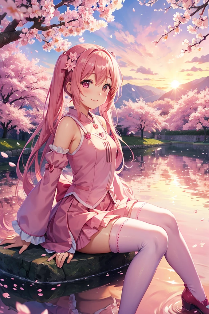 cherry blossoms見く, Upper body, smile, blush, sitting, ((cherry blossoms)), ((Pink Sleeve)), Pink tone, ((pink stockings)), pink sky, sunset, lake, reflection、OVERALL、