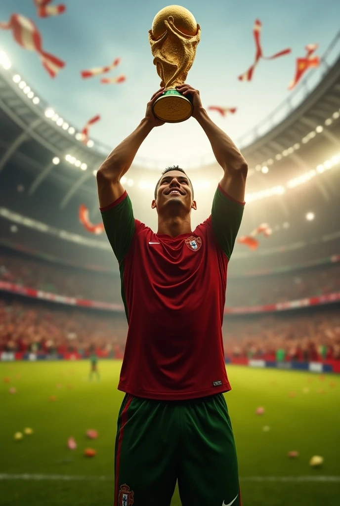 Celebration after a Goal** :
"cristiano Ronaldo levant les bras au ciel, celebrating after scoring a decisive goal. His radiant smile and the energy of the supporters around him create a festive atmosphere.. Keywords : cristiano.maillo Portugal.number 7 standard mode ;4hd
