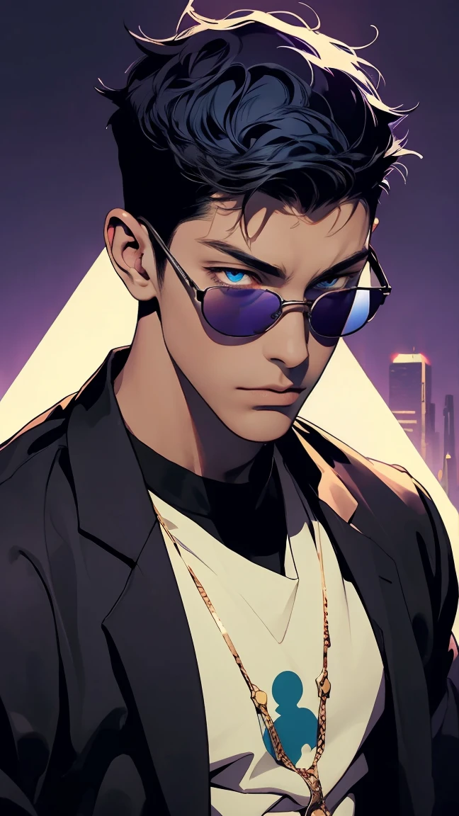 highest quality, 8K, high resolution image, anime style Jujutsu Kaisen, (Daiki Aomine), dark skin, detailed strokes, smile , blurred, happy face, purple light reflecting from it, 1 man, male, strong Man, muscular trained body, sportsman, cool guy, multicolored Background with various geometric shapes, around stickers, muscular, short Hair, darkblue hair, spiky hair, short Hair, swollen chest, turquoise eyes, He is wearing a white tank top under a  jacket open and sweatpants, jacket open, gold chain, sunglasses, background: night, in a dance club, party, he is in a private area with champagne,