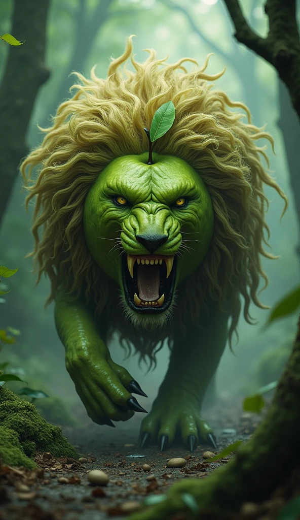 Imagine a majestic green lion with a lush, shiny coat. Its fur is a vibrant green, como as folhas mais frescas da floresta tropical. His mane is dense and fluttering, formando uma moldura perfeita para o seu rosto imponente. His eyes are intense and bright, com um tom dourado que contrasta maravilhosamente com a cor verde de sua pelagem. Its claws are sharp and powerful, ready to protect your territory. The green lion walks with elegance and confidence, radiating an aura of unparalleled beauty and strength.
