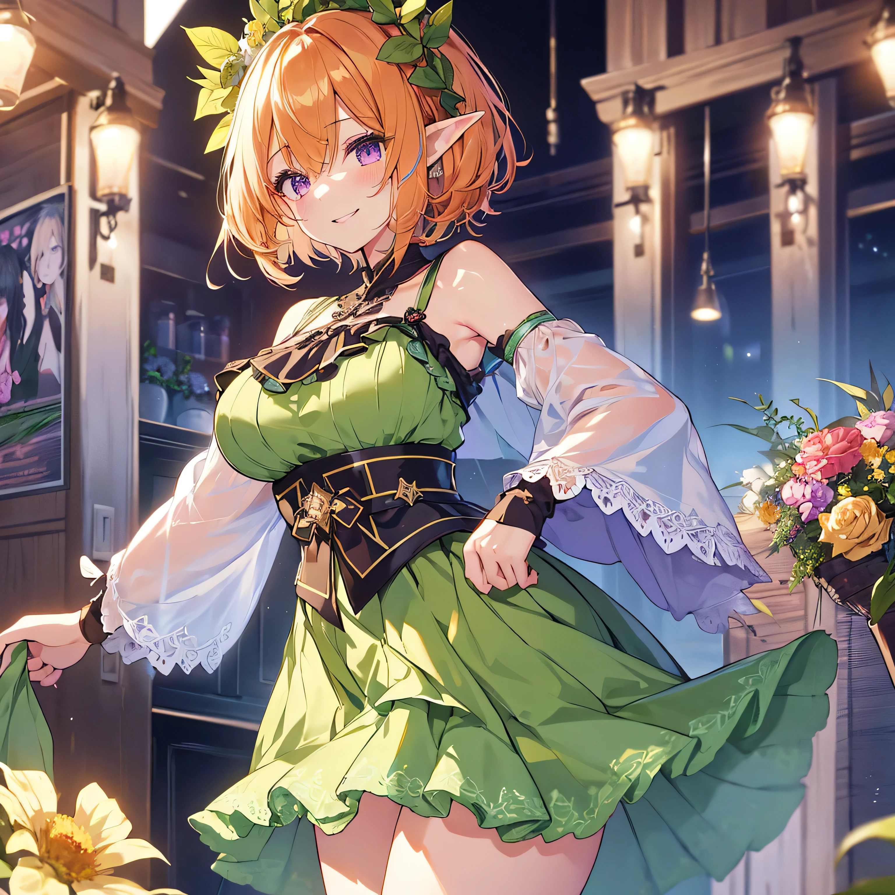 hide your hands, {{{one girl}}}, beautiful detailed girl, game CG, shine, Spring flower, 7 head and body,1 curl on the outside, elf ears,short bob hair, pastel orange hair, purple eyes,stylish accessories solo, Breast augmentation, medium shoot, woman, Take-out, laughter, Huge ,,pastel green plaid mini skirt,black knee high, {{{{{wearing a pastel green hoodie}}}}},open your mouth, daytime classroom, wonderful, fine and beautiful eyes, highest quality, super delicate,Masseter muscle part,highest quality,(official art、highest quality、Unity 8K 壁紙、32k、masterpiece、Super detailed、超A high resolution、realistic、Photoreal:1.2)、(cinematic lighting:1.2)、fire glow effect、The grainiest shadow of the film、side light、side shot、(Super detailedで複雑な3Dレンダリング)、Atelier series,genshin impact,want,face becomes smaller, cleavage,