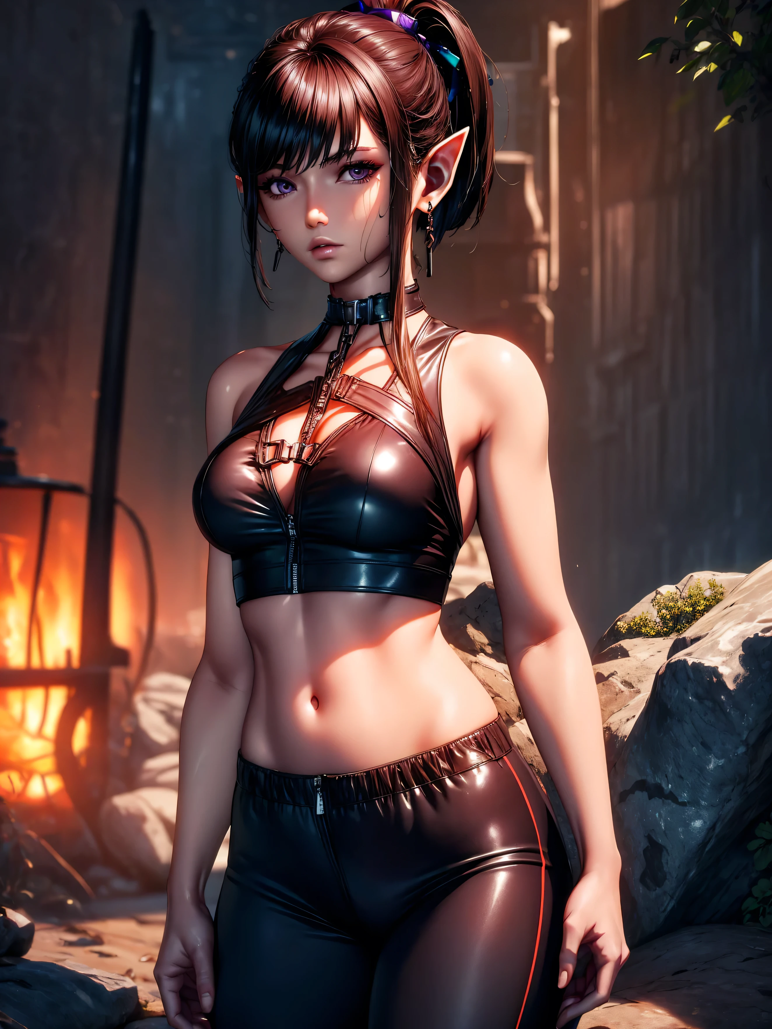 (High Detail:1.2) Anime girl, (Best quality, Detailed), Top quality, high resolution, perfect human structure, 1girl, (solo), elf, long pointed ears!, ponytail, brown hair, (purple eyes), serious, gravelly:1.3, dark:1.2, tanned skin, black small top, black pant, beautiful, medium breasts, plunging neckline, bare belly, intense look, dynamic pose, montain behind, (8k, vibrant colors, digital art, concept art)