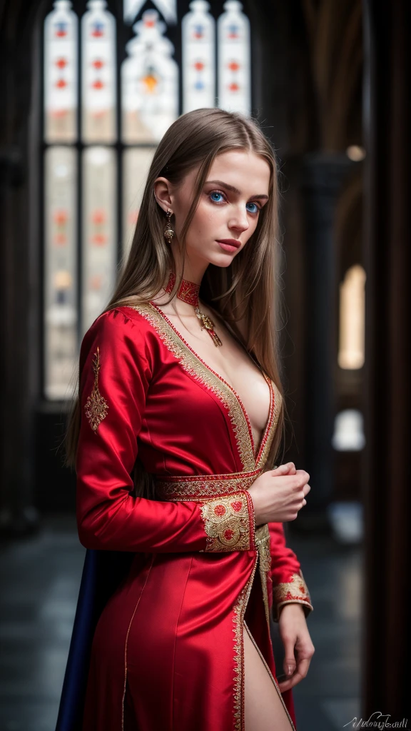 Generate an ultra-realistic 4K image of a beautiful Barbary woman in a grand Ottoman palace, dressed in luxurious, tastefully styled clothing. She should be adorned in richly embroidered silk, with intricate jewelry, and a delicate veil partially covering her face, highlighting her elegance and beauty. The setting should be a lavish palace interior with ornate tile work, arched doorways, and lush fabrics, capturing the opulence of the era. Soft, warm lighting should create an atmosphere of romance and mystique, evoking the fantasy and allure of orientalism