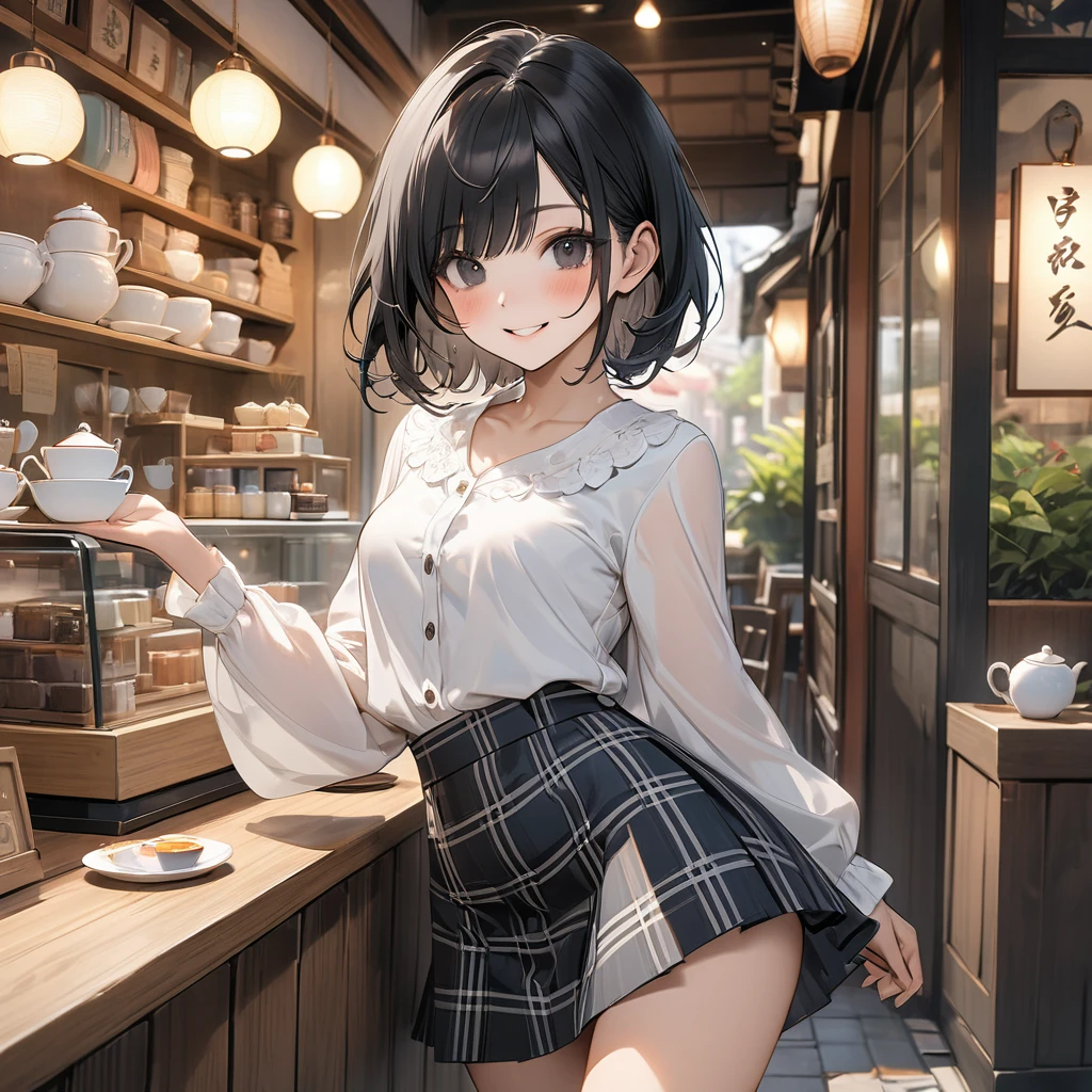 (masterpiece, Best Quality, ultra-detailed, high resolution, extremely detailed CG, official art, Professional Lighting, Perfect Anatomy), (from below), looking at viewer, cowboy shot, perfect body, 24yo beautiful 1girl, delicate beautiful face, Bright magenta eyes, cute eyes, sparkling eyes, (perky chest:1.1), (pointed chest:1.3), medium hips, glamorous body,a small face,beautiful-makeup,Makeup light,Shortcut Hair,dark brown hair, Amazing Cleavage:1.2,Raised sexy, small breast: 1.2 ,posed cleavage:1.2, bare legs, nail_polish, Waiting friend, (at morning:1.5), tokyo, (convenience store:1.3), outdoor, (depth of field:1.3), contrapposto, (Hold a coffee in your hand:1.3), looking at viewer,(double breasted:1.1,under bust:1.2), gap between buttons,(((Extremely short mini skirt,))) seductive weak smiling,(with sparkling eyes and a contagious smile),open mouth, Looking at Viewer,