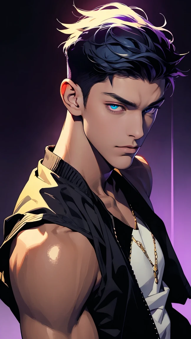 highest quality, 8K, high resolution image, anime style Jujutsu Kaisen, (Daiki Aomine), dark skin, detailed strokes, smile , blurred, happy face, purple light reflecting from it, 1 man, male, strong Man, muscular trained body, sportsman, cool guy, multicolored Background with various geometric shapes, around stickers, muscular, short Hair, darkblue hair, spiky hair, short Hair, swollen chest, turquoise eyes, He is wearing a white tank top and sweatpants, jacket open, gold chain, background: night, in a dance club, party, he is in a private area with champagne,