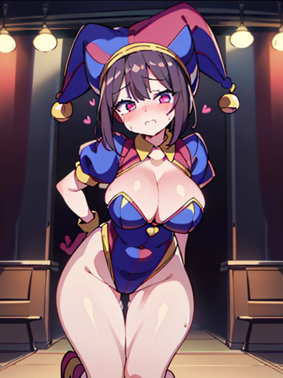 ((1girl),(petite:1.2), (8k,16K,masterpiece,best quality,high-resolution,detailed fingers,detailed hands,detailed eyes,detailed legs:1.5), (revealing clothes,cameltoe), ((gigantic breasts:1.5,Large erect nipples:1.2),beautiful breasts,curvy), ((half closed eyes:1.2),blush:1.3,steam:1.3, sweat skin:1.5), (spoken heart),  ((night),stage), (pomni)、black hair, blue eyes, blue footwear, blue gloves, flying sweatdrops, gloves, hanenosaki, hat, hat bell, highres, jester, jester cap, multicolored clothes, multicolored eyes, multicolored headwear, pomni (the amazing digital circus), red eyes, red footwear, red gloves, solo, standing, sweatdrop, tearing up