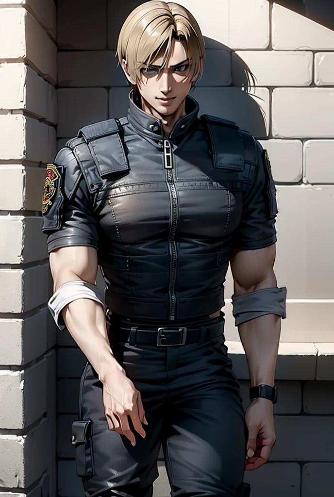 (Highly detailed CG), (Best Quality), (Highly detailed CG), (Best Quality), Back Alley,Leon S. Kennedy, SWAT Clothing, 美形で魅力的な若い男性, Lean and muscular, Beautyに逆レイプされる、Leon S. Kennedy,Looks frustrated, Beauty、smile