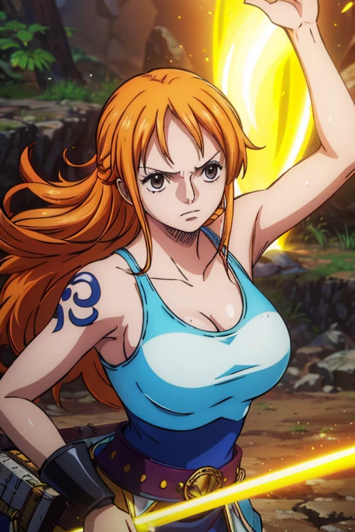  (Best Quality, 4K, 8k,  High Resolution , masterpiece:1.2), Super detailed, (Realistic, photoRealistic, photo-Realistic:1.37),  Preserving Anime Style ,Nami from One Piece,Brave look, pale orange hair ,Left shoulder tattoo,Large Breasts, Female warrior,(Terrible supremacy ),(Paladin),Full Light Armor ,( waving a sword ), how she fights as an elite female knight,(The world where the light source shines ),Blue magic