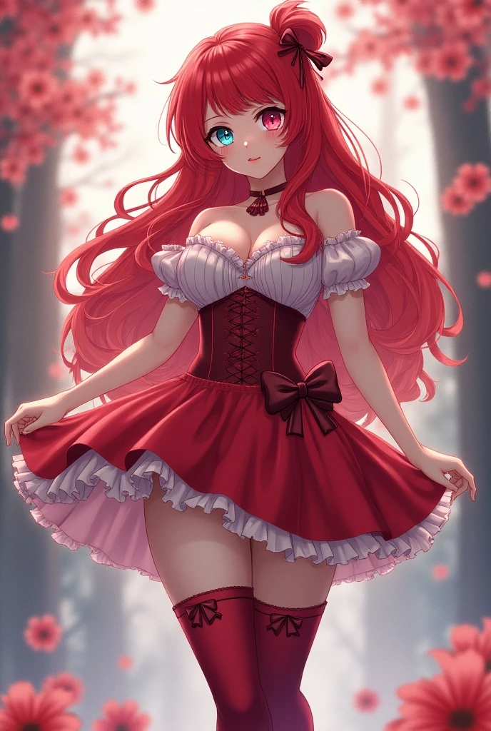 Minnie Mouse is standing, Sexy beautiful face, Doe-shaped eyes, full lips. slender body, breath taking beautiful, bright, all-encompassing cinematic, 8 k, cinematic lighting, Best quality, 4K, perfect body, perfect long legs, (white stockings), ((pink outfit)), Tiny body, slender body, thin waist, short brown hair, (tight black lace shirt, red high waist pleated miniskirt with white polka dots). Lingerie, Spread your legs, the whole body is visible