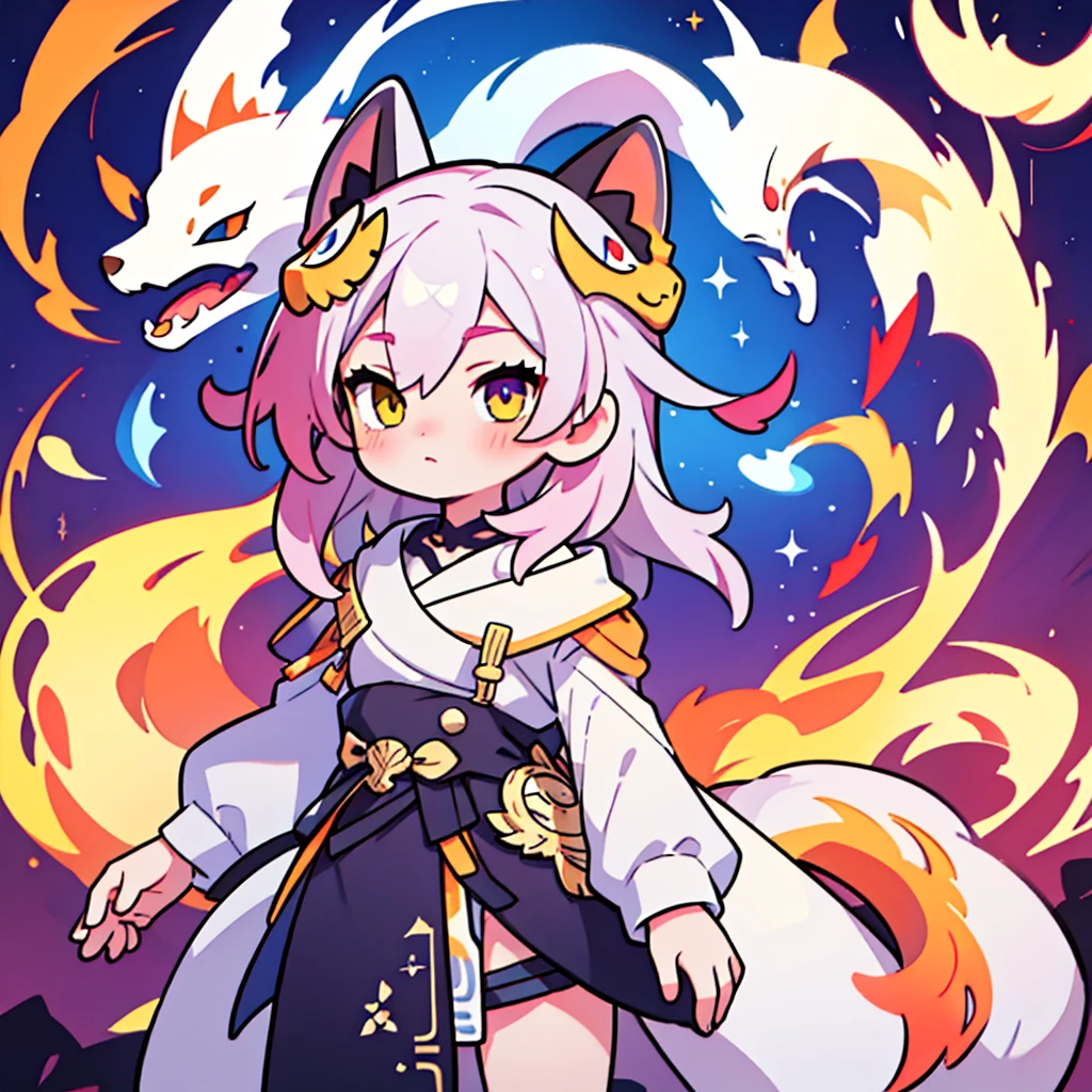 1 girl, Alone,  high resolution , masterpiece, medium hair, Multi-colored hair, heterochromia,  detailed bottom , Kitsune mask on the forehead showing the face, ANIME STYLE, 