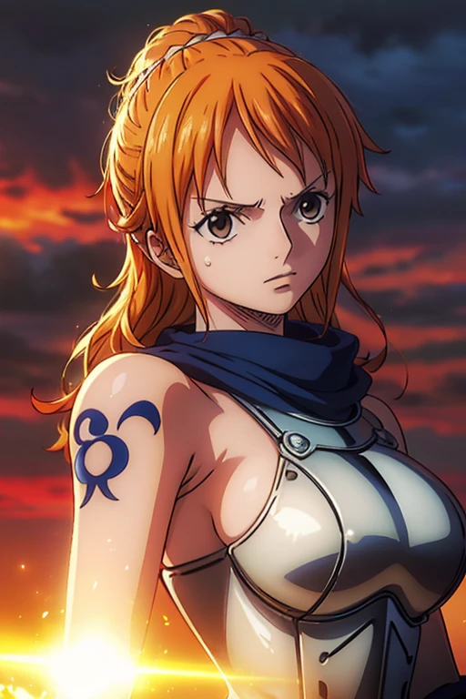  (Best Quality, 4K, 8k,  High Resolution , masterpiece:1.2), Super detailed, (Realistic, photoRealistic, photo-Realistic:1.37),  Preserving Anime Style ,Nami from One Piece,Brave look,Pale orange hair ,Left shoulder tattoo,Large Breasts, Female warrior,(Terrible supremacy ),(Paladin),Full Light Armor ,( waving a sword ), how she fights as an elite female knight,(The world where the light source shines ),(Blue magic)