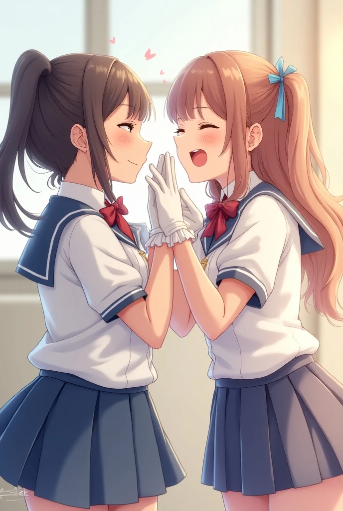 masterpiece,ultra detail,best quality,2girls,against wall <lora:akiyama_against_the_wall:0.7>serafuku,navy plits skirt,smile,blush,side view,girl pinned against wall,hug,kiss,close eyes