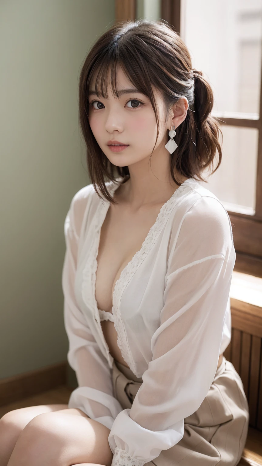 、 High Resolution 、超 High Resolution 、photograph、Japanese Women、Provocatively、cute、Age 25、、 highly detailed skin 、Japanese、、、Beautiful Face、Staring Eyes、Transparency、Even skin、細部まではっきりとexplanation、、、explanation、Beautiful thighs、、Ample breasts、、Updo、accessories(Earrings)、、A pair of arms、Delicately decorated clothes、Realistic body shape、、Soft to the touch、、、Mature body and face、、Curly hair、、、Beautiful fingertips、 shy、Do you look at your chest 、slouch、Bring your chest together with your arms to create cleavage 、Sit down、Summer school uniform with unbuttoned chest、Sharp contours、Eros