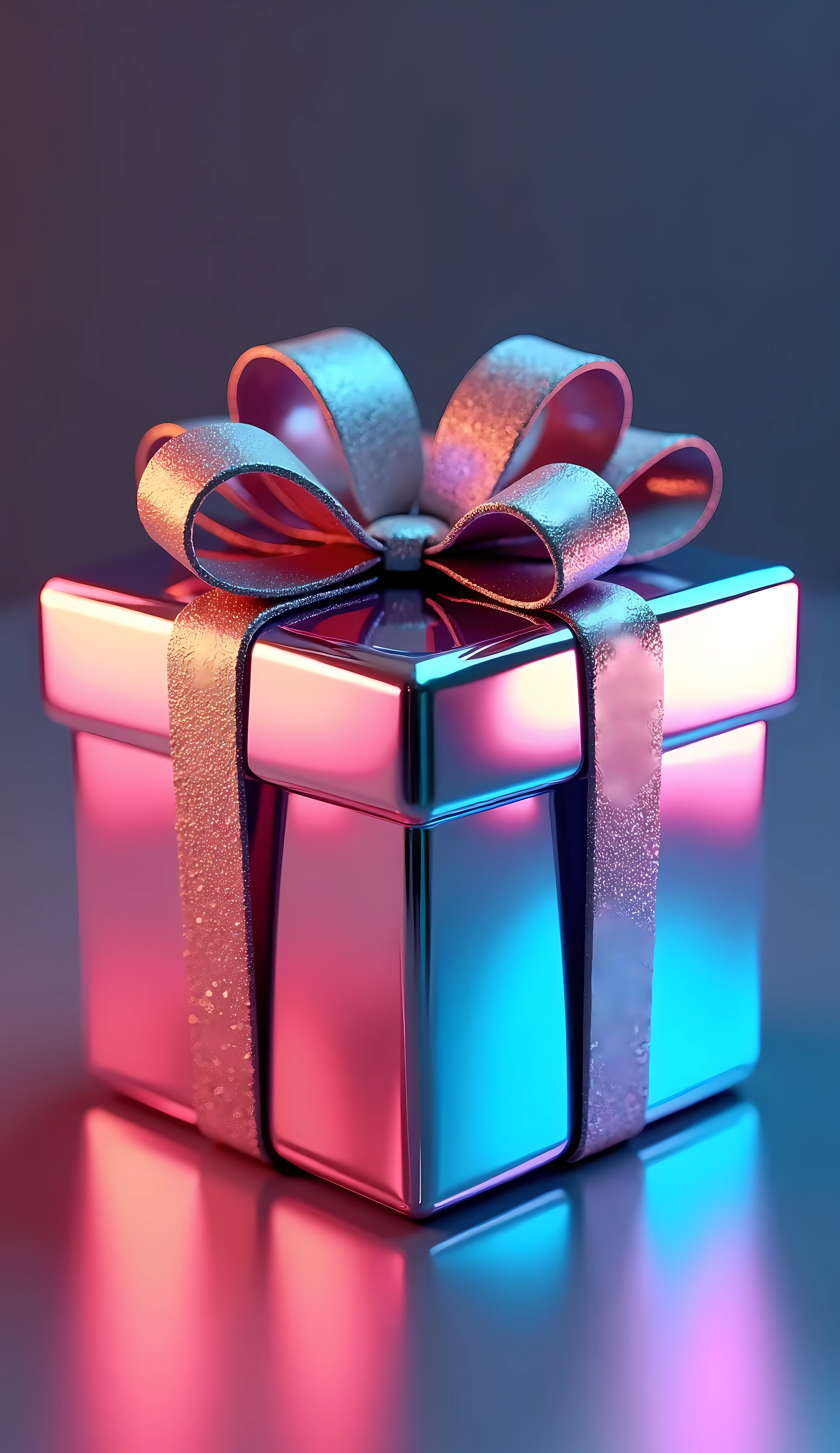 a highly detailed and reflective metallic gift box, glossy, shiny, mirror-like surface, iridescent, rainbow-like colors, realistic, photorealistic, 4k, high resolution, intricate details, masterpiece, professional 3D render, studio lighting, physically-based rendering, ultra-fine details, sharp focus, vivid colors, dynamic lighting