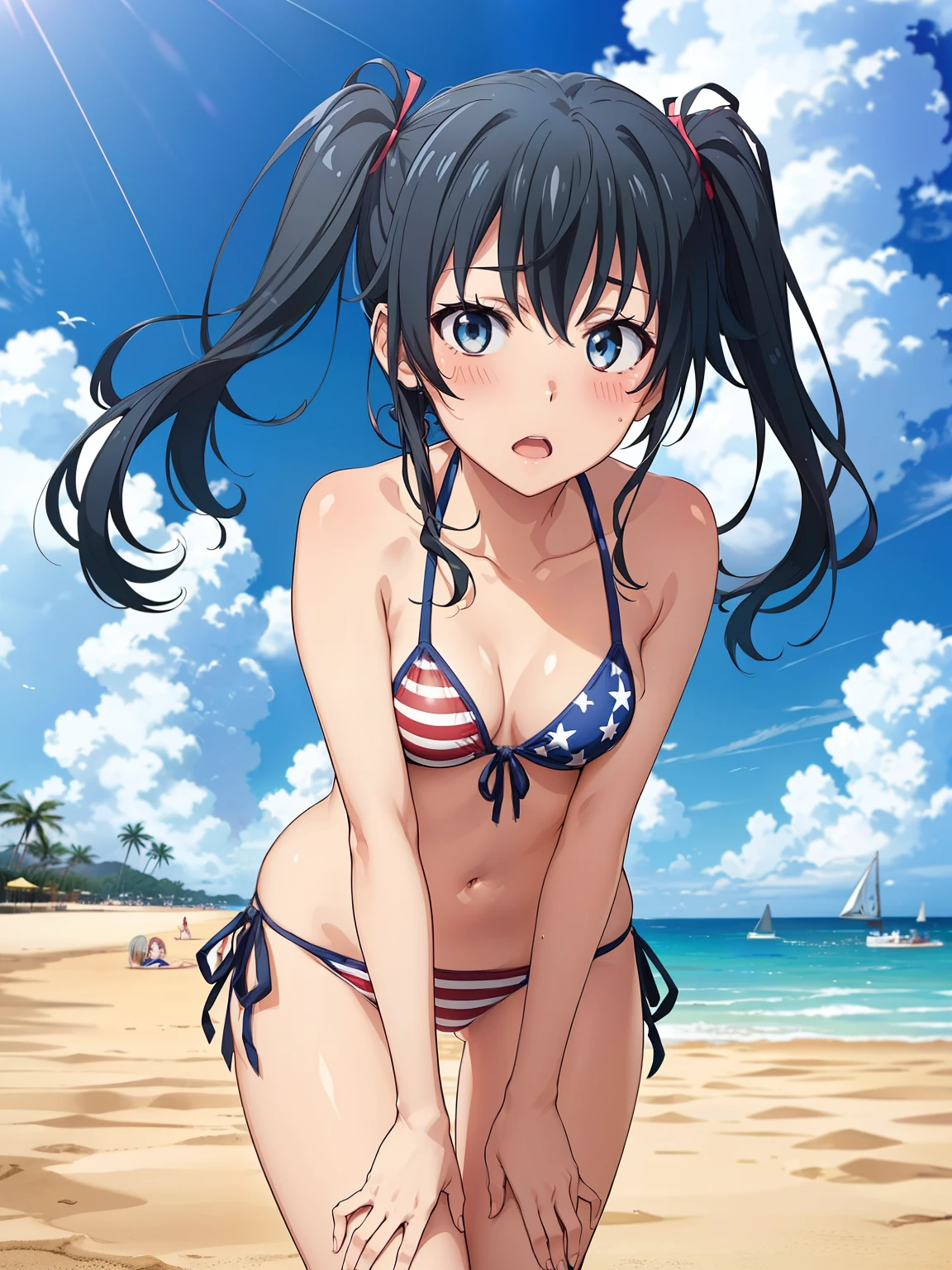 (masutepiece, Best Quality, High resolution:1.5, anime colours, megami magazine:1.2, anime poster style, anime keyvisual, sharp, 8k, photorealistic), (beautiful detailed eyes:1.5, beautiful detailed face:1.2), madoka ayukawa, 1girl, blush, (black hair, Long Hair), (sagging large breasts), (yellow bikini), short denim, cowboy shot, (Perfect detailed Anatomy, beautiful detailed hair, beautiful detailed body:1.2, shiny skin), (thick outline, Beautiful outlines, black outlines), simple background