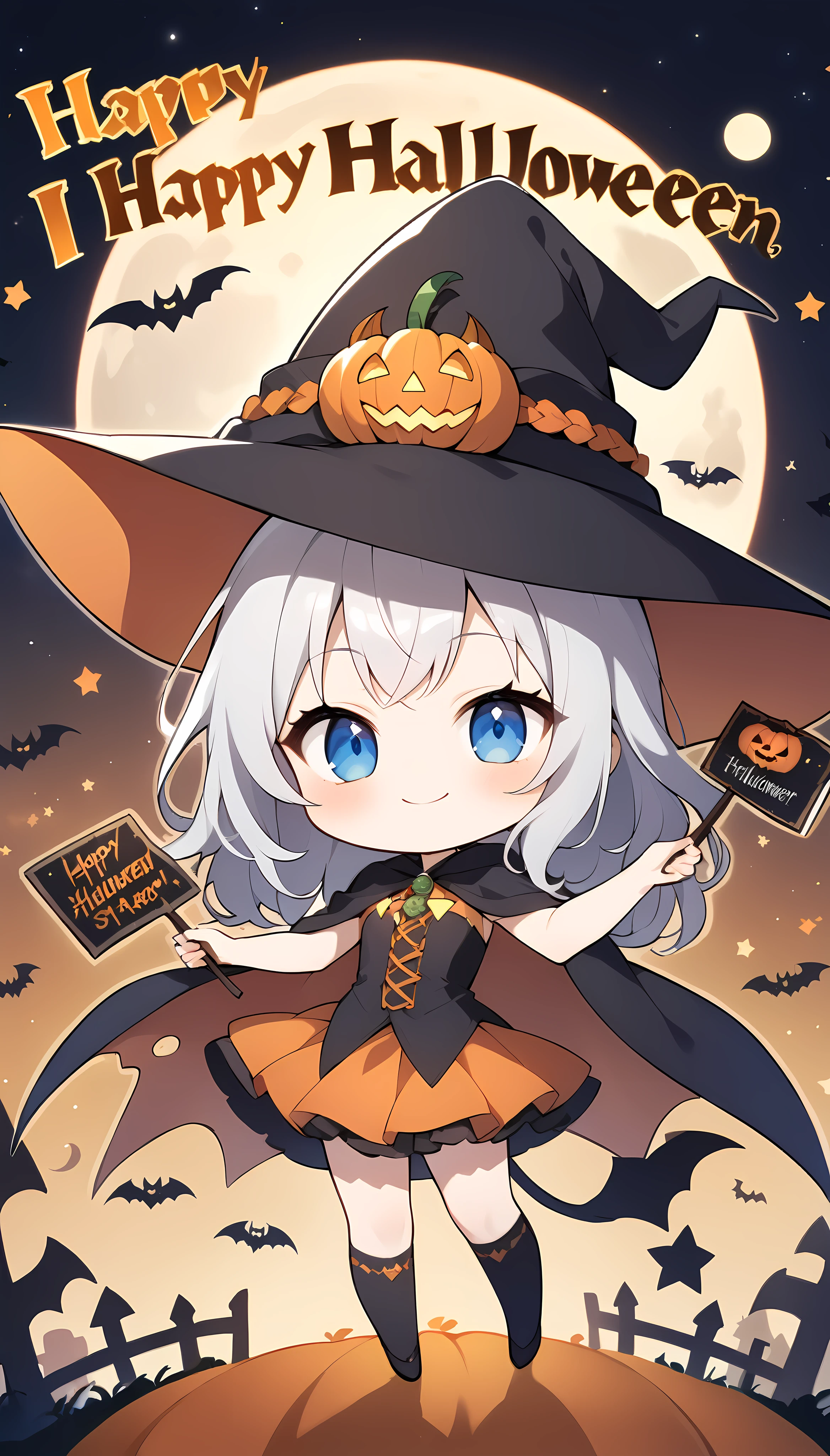 One girl, chibi style, Succubus Girl, Blue Eyes, Succubus - The Sun, Witch hat on head, Happy Face, Holding a fan sign with text "Happy Halloween", Text font style medieval, Twinkling stars and moon background