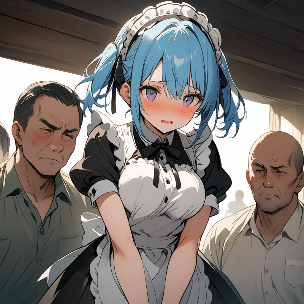 Best quality. Anime cute girl. Straight light blue hair with ponytails. Gray eyes, very fair skin. Sexy maid dress. She works as a waitress in a bar. Shy. She is scared. Obscene sound effects. Sad tired look. Man squeeze her boobs. 3+ mans. Gang bang. Mans touching her body