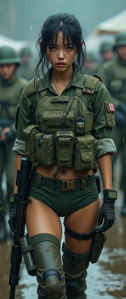 (photorealistic), beautiful lighting, best quality, realistic, full body portrait, real picture, intricate details, depth of field, (South Indian woman:1.3), 24-years-old, in a cold snowstorm, a wings, A solider girl with haircut, wearing winter camo military fatigues peed in her trousers, camo plate carrier rig, combat gloves, (magazin pouches), (kneepads), highly-detailed, perfect face, hazel eyes, lips, wide hips, small waist, tall, make up, tacticool, Fujifilm XT3, outdoors, bright day, Beautiful lighting, RAW photo, 8k uhd, film grain, ((bokeh)), (onoff:1.3)