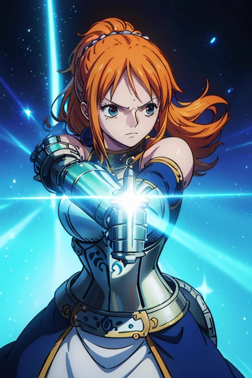  (Best Quality, 4K, 8k,  High Resolution , masterpiece:1.2), Super detailed, (Realistic, photoRealistic, photo-Realistic:1.37),  Preserving Anime Style ,Nami from One Piece,Brave look,Pale orange hair ,Left shoulder tattoo,Large Breasts, Female warrior,( Terrible Supremacy ),(Paladin),Full Light Armor ,( wields a magic sword ),(The world where the light source shines ),(Blue Magic ), She is a mysterious knight composed of Greek mythology and can use the strongest swordplay praised by spirits