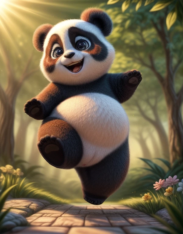 A hyper-detailed, ultra-high-definition 3D animated scene that blends the charm of Disney-Pixar animation with the soft, cute appeal of Japanese 'yuru-chara' characters. The setting captures a lively, joyful moment where ((fluffy baby pandas)) are playfully tumbling, bouncing, and rolling around in a lush, grassy field. Each baby panda is round and plump, with short, stubby limbs and soft, velvety fur that makes them look irresistibly adorable. The baby pandas’ playful antics are captured in a way that emphasizes their natural curiosity and boundless energy, as they chase each other, climb over small rocks, and roll down gentle slopes. Their tiny paws and round faces, with expressive, sparkling eyes, add to their endearing, almost huggable appearance. The scene is lit with soft, warm light, which enhances the gentle, fluffy texture of their fur, creating a cozy, inviting atmosphere. The background is detailed but subtly blurred, keeping the focus on the baby pandas while suggesting a lush, green environment filled with gentle sunlight, swaying leaves, and colorful flowers. Every element, from the way the pandas’ fur moves as they play to their cute little squeals of delight, is designed to create a sense of joy and warmth. The overall effect is a perfect fusion of cuteness and high-quality animation, bringing the scene to life with vibrant colors, fluid movements, and meticulous details. The combination of Pixar's smooth, expressive animation style and the 'yuru-chara' aesthetic creates a visually stunning, heartwarming depiction of a carefree world where everything feels soft, light, and irresistibly cute.