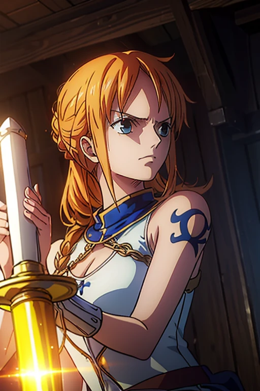  (Best Quality, 4K, 8k,  High Resolution , masterpiece:1.2), Super detailed, (Realistic, photoRealistic, photo-Realistic:1.37),  Preserving Anime Style ,Nami from One Piece,Brave look,Pale orange hair ,Left shoulder tattoo,Large Breasts, Female warrior,( Terrible Supremacy ),(Paladin),Full Light Armor ,( wields a magic sword ),(The world where the light source shines ),(Blue Magic ), She is a mysterious knight composed of Greek mythology and can use the strongest swordplay praised by spirits