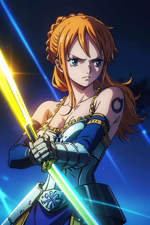  (Best Quality, 4K, 8k,  High Resolution , masterpiece:1.2), Super detailed, (Realistic, photoRealistic, photo-Realistic:1.37),  Preserving Anime Style ,Nami from One Piece,Brave look,Pale orange hair ,Left shoulder tattoo,Large Breasts, Female warrior,( Terrible Supremacy ),(Paladin),Full Light Armor ,( wields a magic sword ),(The world where the light source shines ),(Blue Magic ), She is a mysterious knight composed of Greek mythology and can use the strongest swordplay praised by spirits