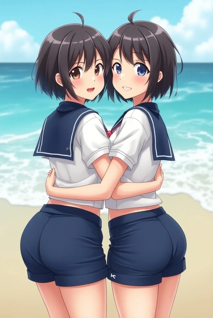 2 Asian girls, anime girls, both girls farting together side by side, desperate to poop, farting in loscker room, 2 girls farting, wearing volleyball outfit, stomach bloated, hands hugging butt, pained expression, shocked and embarrassed, mouth open in shock, sweating, blushing, beautiful and cute face, anime art style, fit body, tall and thin, view from side, legs spread, 2 girls farting facing each other, gas coming from both girls butts, tummy pain