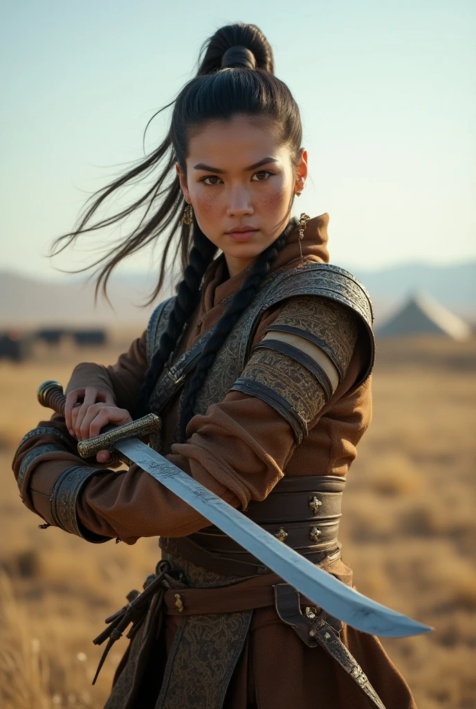 Une magnifique femme ,avec un magnifique visage unique et original,une tenue de samuraï, elle tient un katana dans ses mains, une magnifique coupe de cheveux les cheveux sont de couleur noire et attache