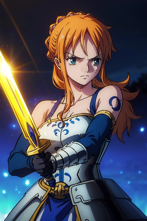  (Best Quality, 4K, 8k,  High Resolution , masterpiece:1.2), Super detailed, (Realistic, photoRealistic, photo-Realistic:1.37),  Preserving Anime Style ,Nami from One Piece,Brave look,Pale orange hair ,Left shoulder tattoo,Large Breasts, Female warrior,(Terrible supremacy ),(Paladin),Full Light Armor ,( wields a magic sword ),(The world where the light source shines ),(Blue magic), She is a mysterious knight composed of Greek mythology and can use the strongest swordplay praised by spirits