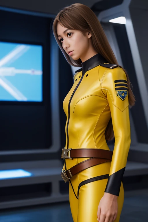 (masterpiece,best quality,absurdres,beautiful,sharp,detailed),cinematic angle,science fiction, 1girl, yellow yamatosuit, belt  