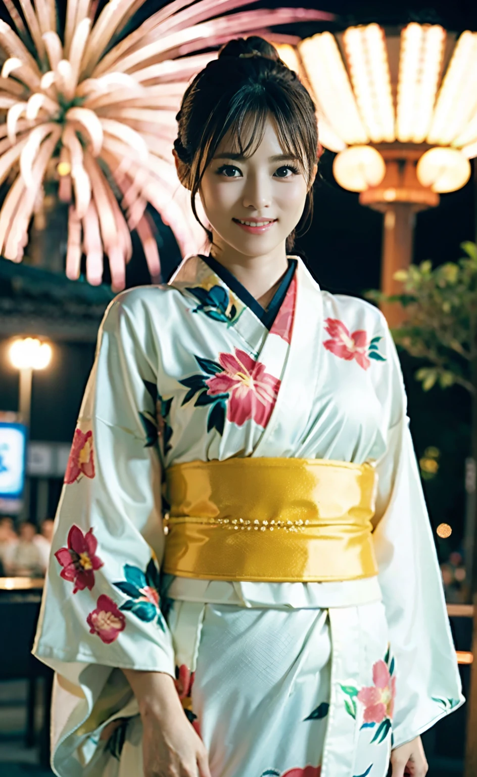((Wearing a yellow yukata:1.5)),((fireworks display in the background:1.5)), night:1.5, (blunt bang:1.5), Bun Hair, Detailed female anatomy, Smooth Skin, Perfect body, Graceful pose, Natural light, Calm expression, photoRealistic, 8k, high quality, masterpiece, Studio Lighting, Realistic, Detailed skin texture, elegant, Mysterious, Glowing Skin, ((Are standing:1.5)),(Smiling, showing off perfect white teeth:1.4)