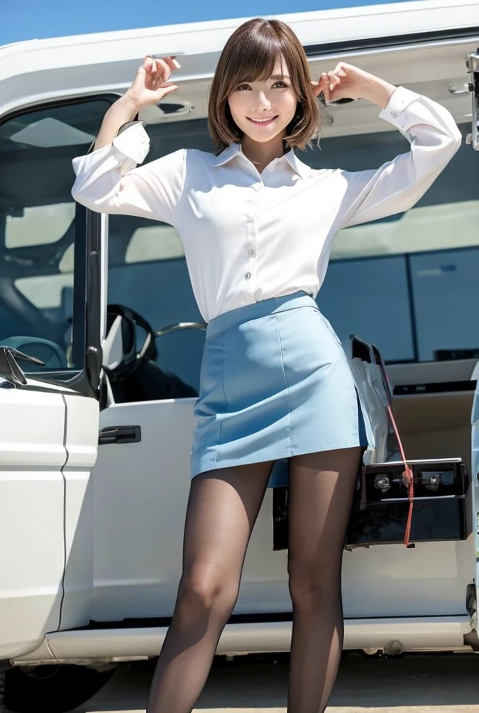 ((Crotch focus)), ((stand with feet apart)), (((Look up at the camera from your feet、Shot from a low angle with emphasis on thighs and crotch). The subject stands confidently, With the inside of the car in the background))),The best smile:1.5、 Highest quality, Highest quality, uniform, Mid-chest, Pleated skirt, Medium Curly Hair, Beautiful light brown hair, White blouse, White lace panties:1.2, Showing panties:1.2, Beautiful thighs,Beautiful knees、