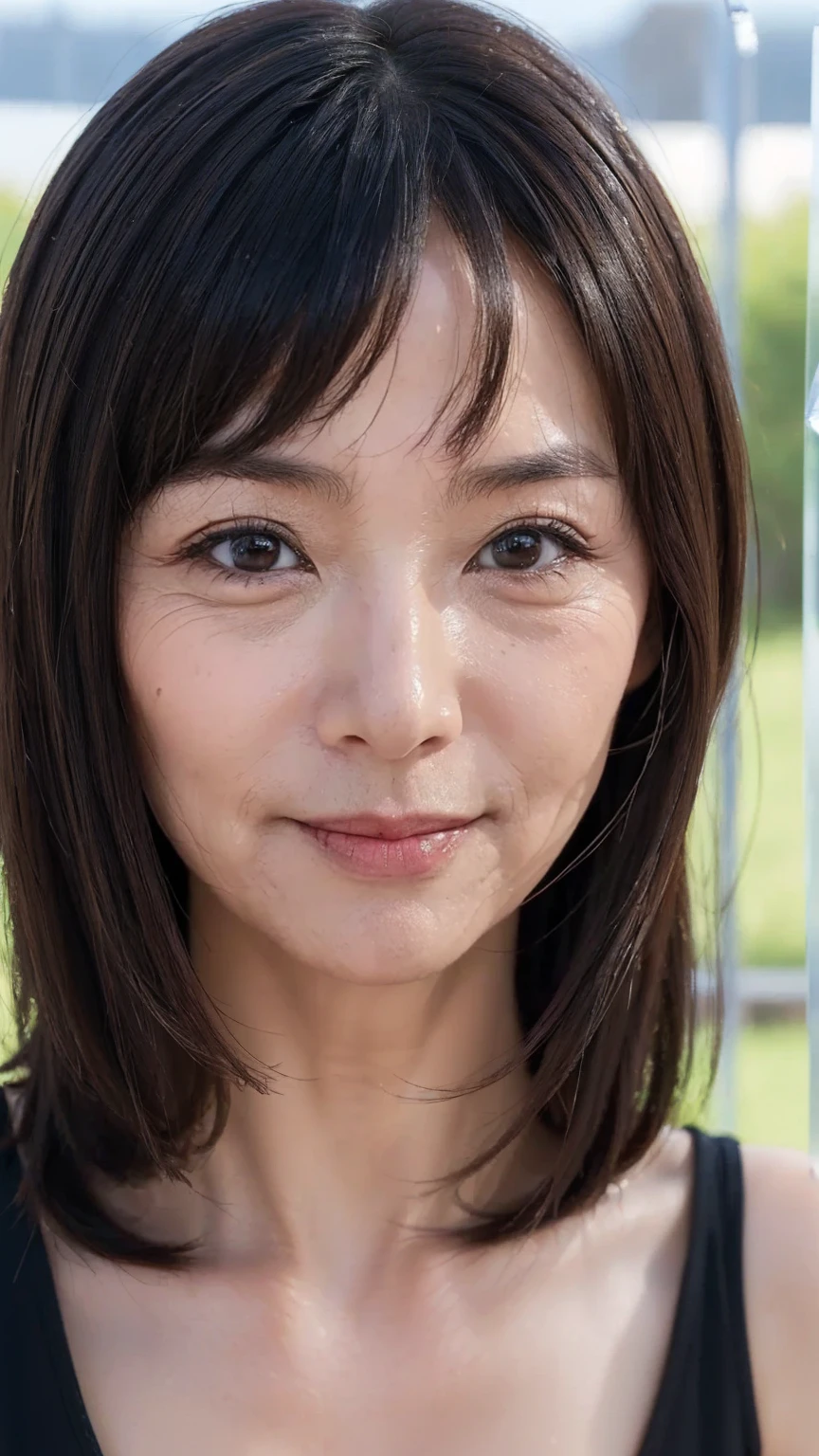 ((Best Quality)), ((8k)), ((masterpiece: 1.3)), (Perfect appearance), ( Transparent : 1.6), (with), (One Japanese Mature),  Perfect Anatomy, ((65 years old)), Short bangs,  Wave Long Hair, (The expression of a gentle smile), ((Close-up of face)),