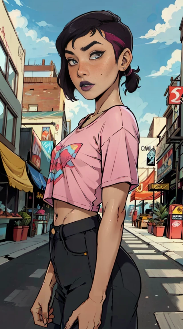 Close up of an supermodel woman face, at a busy cluttered city street background, daytime, pale blue eyes, detailed short pink hair with pigtails and shaved sides haircut, freckles, blushing, pouting expression, single eyebrow raised, eye shadow, black lipstick, pierced eyebrow, big , wearing a loose baggy tshirt crop top, looking to the side, comic book style, flat shaded, prominent comic book outline linework