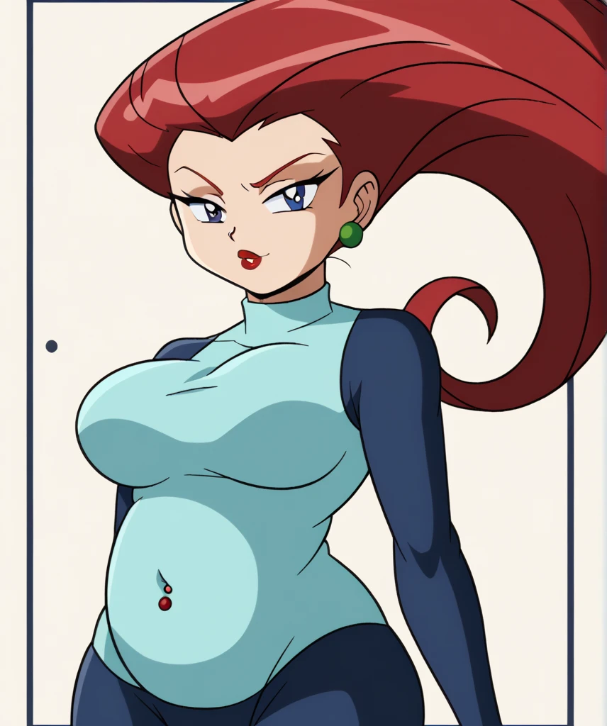 2D, Tall badass jessie lazy 1girl, Gained some weight, her belly has fattened,  Original Source, Tall slender body, looking at viewer, Big Vixen Eyes, red hair, pale skin, fattened up, Surfeit, red lips, furrowed brow, Tall Body, slender body, round belly, flirty face, Half closed eyes, retro anime, filled up  belly button piercing,showing full belly complete, slender  Body , breast , wearing a Bra and leggings, fulled figure,  bulge belly,tight, score_9, score_8_up, score_7_up, Ultra Detailed, 360p, Detailed Body, Detailed Face, feminine neck, chubbybulgebelly, taller triangle body shape, retro style, Polemon rockettteam,