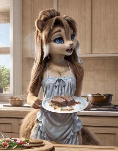 Brittany_Miller, One, chipmunk, fluffy,feminine,young ,fur detailing, 3d Model, in a nightgown, learning to cook ,  for the first time a steak in a pan is burnt at the stove ,  will burn the meat in the oven , oven smoke, holds a large salad plate in his hand, a lot of smoke, in the kitchen, sexy body , 18+, scared, panic ,light erotica, Model,  small round chest ,tail sticking out  , fluffy, (a little bit full:0.3), Cute, (small ears), (short muzzle),  long slanting bangs ,  long hair with the back on a bun clip,grey-blue eyes, eye makeup  , eyes closed , beautiful eyes, intimate,кружевное розовое intimateное платье , detailed fur, perfect teeth,slightly flirty , Beautiful Look,  outrage 