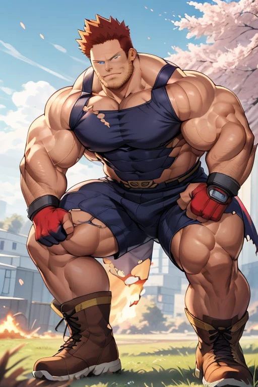 Endeavor from My Hero Academia, covered in flames, full body,  muscular, thick, thick pubic hair, huge nice bulge, 45 yo, sexy, detailed face, detailed eyes, realistic eyes, A torn costume with a big hole in it., large pectorals, superhero, fingerless gloves, boots, red hair, scar, in the grassland