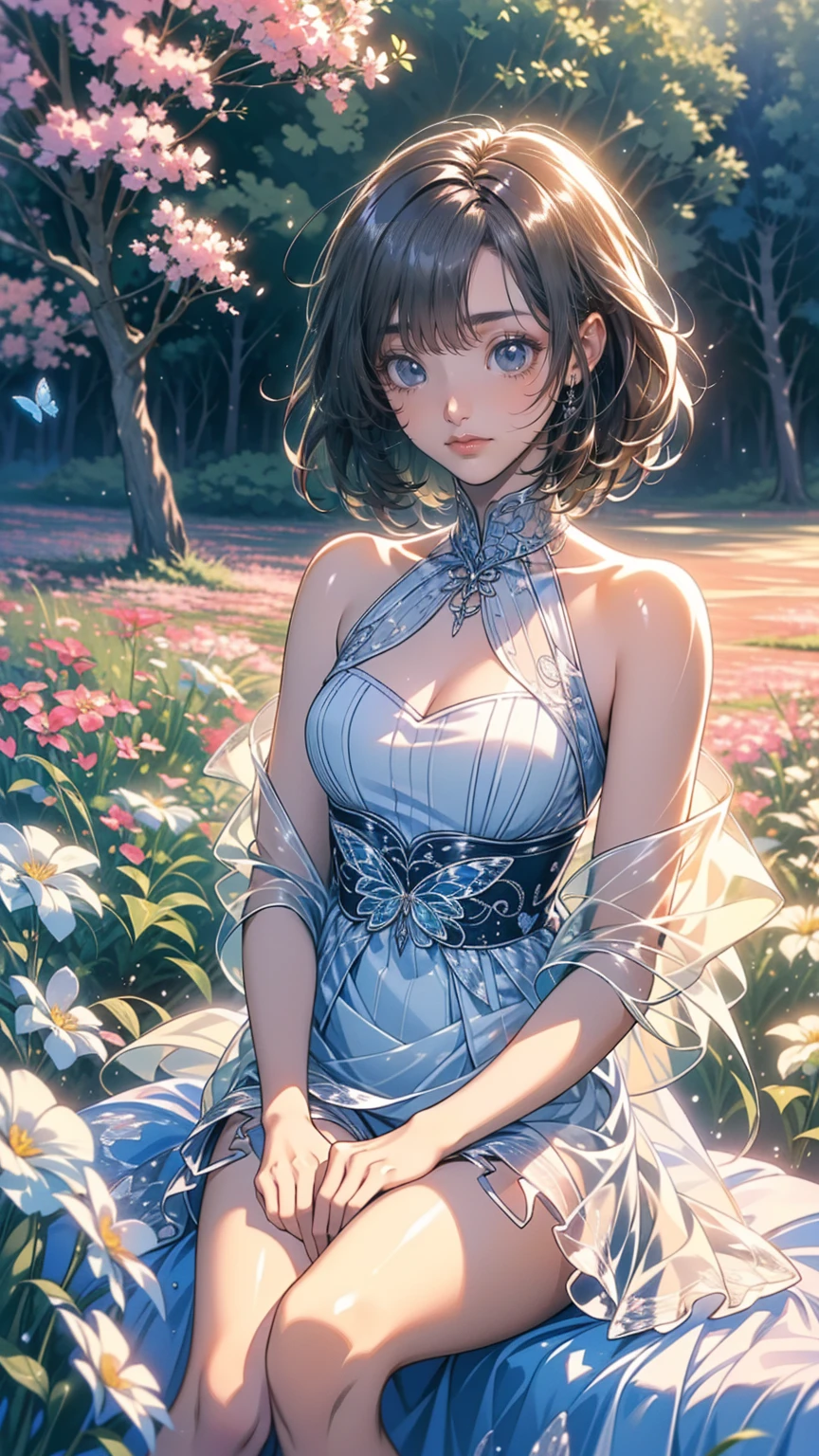 (masterpiece: 1.2), (  very detailed: 1.2), (  very detailed CG: 1.2), ( High image quality : 1.2), (最 High image quality ), 8k,  anime illustration,  girl sitting in a field of flowers , butterfly with a slightly sad expression々View、((There&#39;Butterflies on my fingers 々))、Butterflies fluttering々dance、Beautiful work
