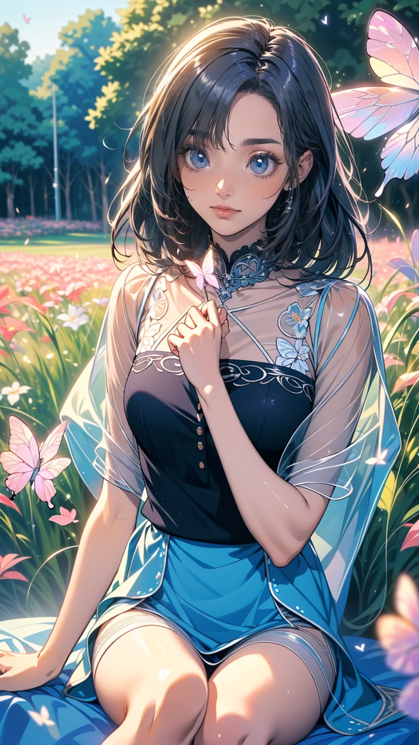 (masterpiece: 1.2), (  very detailed: 1.2), (  very detailed CG: 1.2), ( High image quality : 1.2), (最 High image quality ), 8k,  anime illustration,  girl sitting in a field of flowers , butterfly with a slightly sad expression々View、((There&#39;Butterflies on my fingers 々))、Butterflies fluttering々dance、Beautiful work
