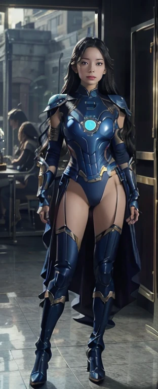 Full Body Photo. Standing in a full height. Studio Background. 8k HD good quality image. Dahyun from Twice has an ideal body, big breast, big butt, sexy wavy body, straight long hair, wearing a Blue Full Iron Man armor without the helmet. Diamond boots. Inside of the armor, there is a full blue zero suit. FULL BODY FROM HEAD TO TOE. Standing in a FULL HEIGHT FROM HEAD TO TOE. The picture must show a complete head to toe picture of the hot Korean
