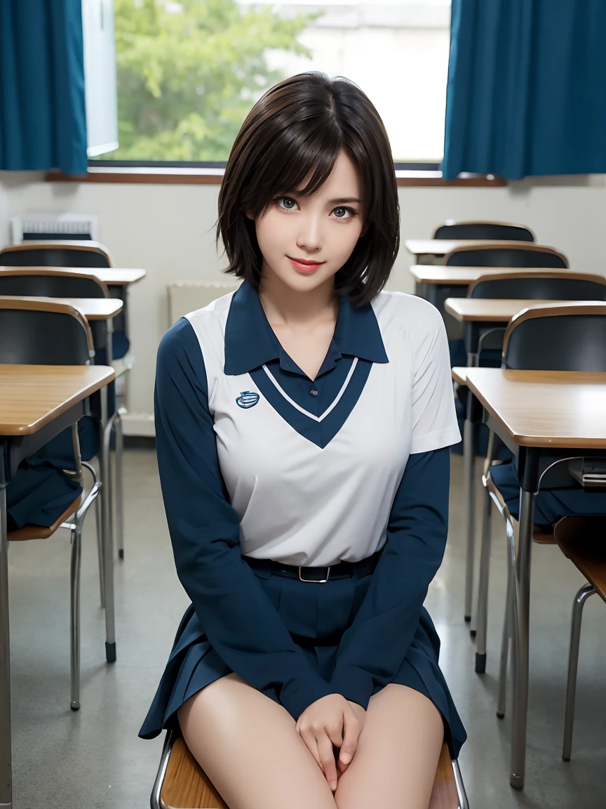 8k,Highest quality, masterpiece, Super detailed, 超High resolution, Realistic, RAW Photos, Absurd, The absolute solution, One girl, whole body ,Young and beautiful woman in Japan, Super cute face, Attractive person, Large Breasts , Long Bob Hair , (school uniform :1.3), machine ,Glossy Lips, Double eyelids on both eyes, Natural Makeup, Long eyelashes, shiny smooth light brown Long Bob Hair, Asymmetrical bangs, Glowing Skin, Center image, High resolution, Attention to detail, Detailed hairstyle, Detailed face, Great cinema lighting, Octane Rendering, Vibrant, Ultra-realistic, Perfect limbs, Perfect Anatomy,Black Hair,Sweat,Big Breasts,Tight clothing